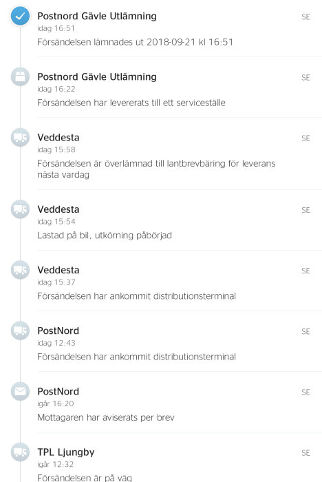 Skärmklipp av paketspårningshistorik från PostNord som visar flera leveransuppdateringar.