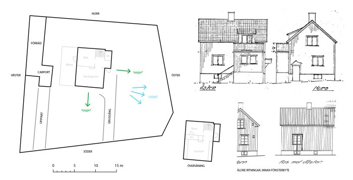 Arkitektonisk skiss och planritning av ett hus från 1928 med markerade förslag för tillbyggnad och utsiktsorientering.