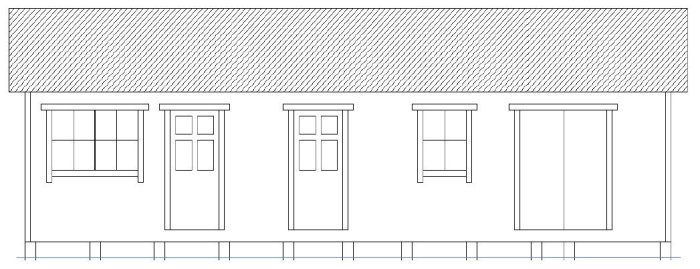 Arkitektritning av enkelvåningshusets fasad med tak, fönster, och dörr framställd i linjer.