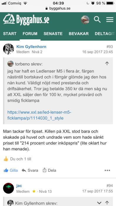 Skärmdump av forumtråd på Byggahus.se med diskussion om pris på Ledlenser ficklampa.