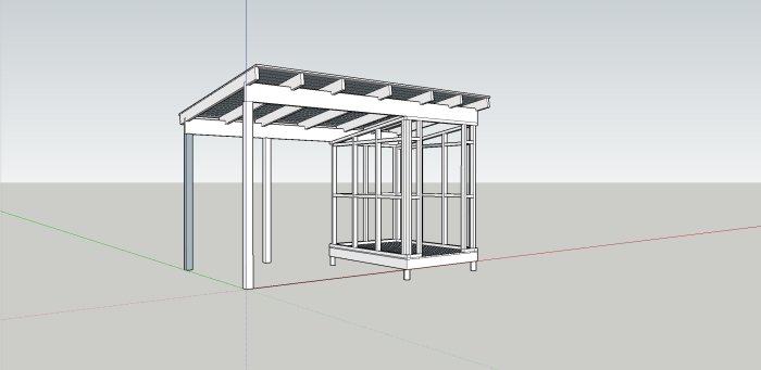 3D-skiss i Sketchup av kombinerat vedskjul och cykelförvaring med tak och träreglar.