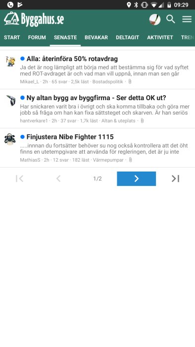 Skärmdump av diskussionsforum med trådar och sidnavigeringsknappar, märkt sida 1/2.