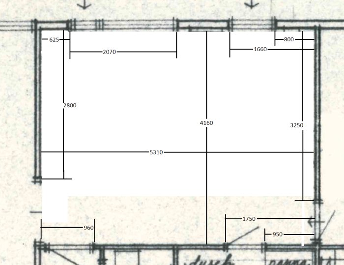 Arkitektonisk ritning av en planlösning med måttangivelser.