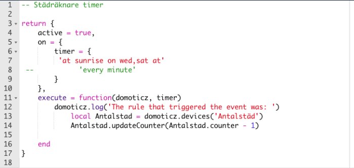 Skärmdump av kodsnutt för timer med kommentarer, använd i en diskussion om automatisering och felsökning i ett smart hem-system.