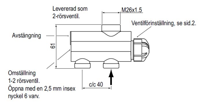 Schematisk illustration av en Alterna Losso 2-rörsventil med mått och omställningsinstruktioner.
