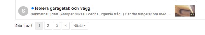 Skärmdump av forumtråd om isolering med navigeringsraden "Sida 1 av 4" och sidvalsknappar.