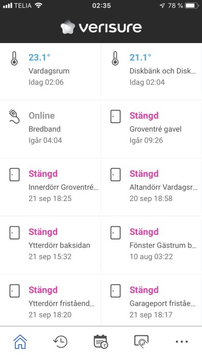 Skärmdump av Verisure-appen som visar temperaturstatus och logg för öppnade/stängda dörrar och fönster.