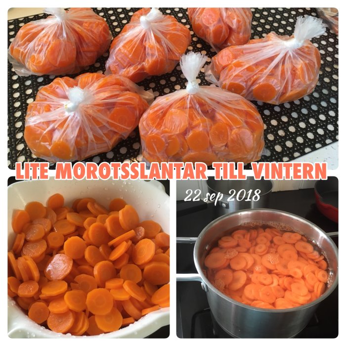 Förberedda morotsskivor i plastpåsar för frysning, skuren morot i en skål och kokande i en kastrull.