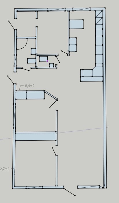 Arkitektonisk ritning av en planlösning med tre sovrum, kök och vardagsrum.