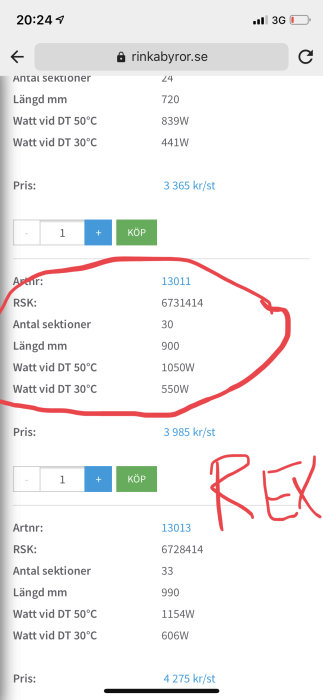 Skärmdump visar produktspecifikationer och priser för radiatorer på en webbplats, markerat med "REX".
