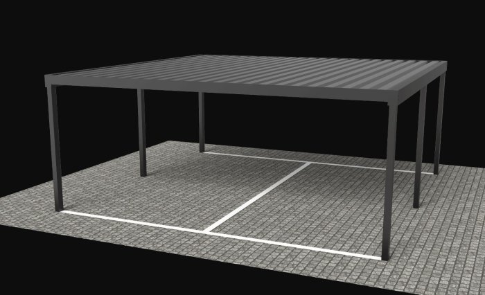 3D-modell av en öppen carport i alu/stål med måtten bredd 6 meter och djup 3-4 meter.