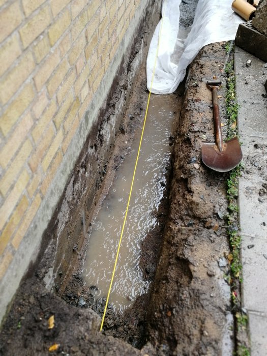 Dräneringsgröp fylld med vatten vid en husvägg, mätband och spade syns vid sidan.