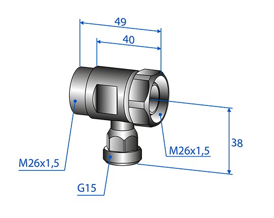 3D-rendering av en rörkoppling med måttangivelser.