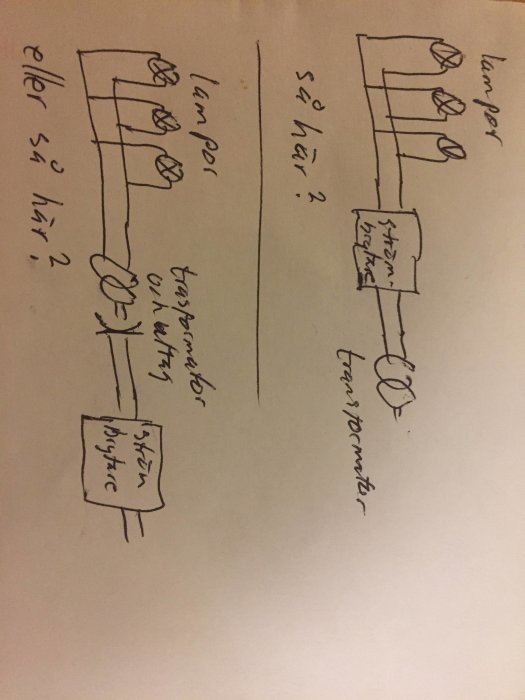 Handritad skiss av två olika kopplingsscheman för lampor, transformator och strömbrytare.
