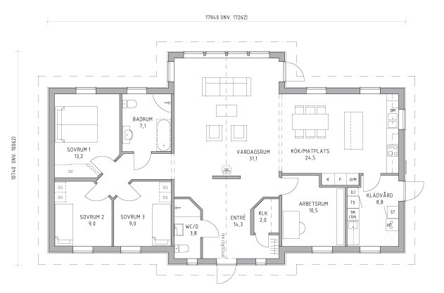 Ritning av enplansvillan Smygehamn med tydligt markerade rum som sovrum, badrum och vardagsrum i en effektiv planlösning.