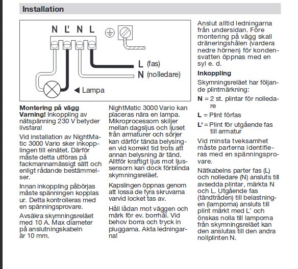 Skymningsrelä manual och schema för installation till lampa med anslutningsdetaljer och steg-för-steg instruktioner.