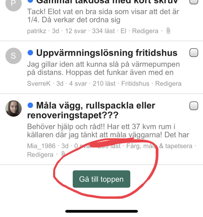 Skärmdump av forum med nya 'Gå till toppen'-knappen istället för paginering.