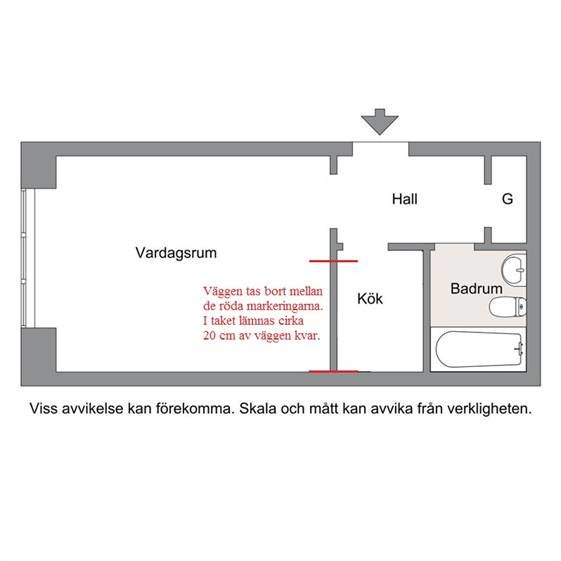 Planritning av en lägenhet med markerad vägg som ska rivas mellan vardagsrum och kök.