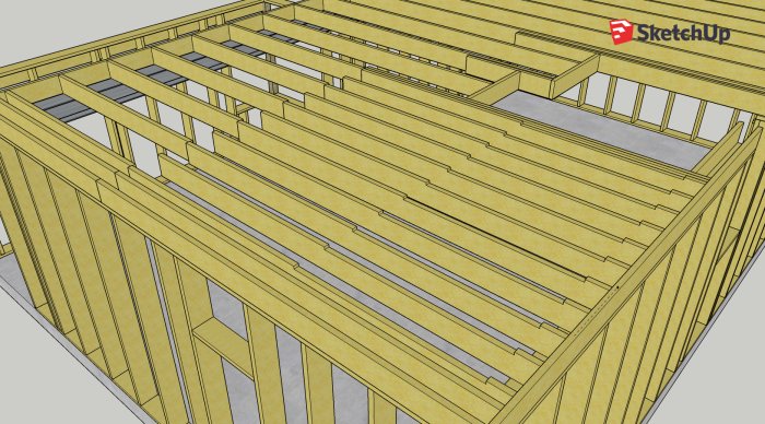 3D-modell av ett bjälklag i trä under konstruktion, med synliga golvbjälkar och reglar.