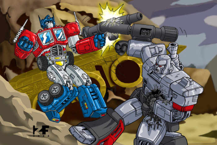 Illustration av två transformers i strid, en i rött och blått, den andra i grått och svart, med explosionseffekt.