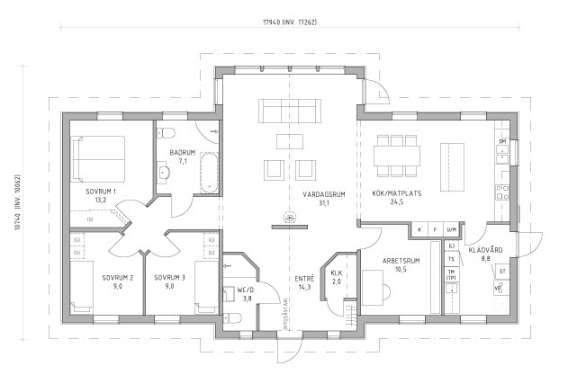 Planritning av en enplansvilla, villa Smygehamn, med effektivt utnyttjade 145 kvm boarea.