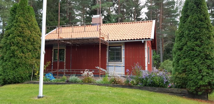 Rödfärgat hus under renovering med nytt tak och öppna väggar där isolering syns. Ställning runt huset.