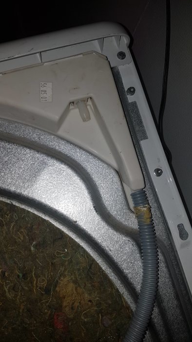 En bild på insidan av en torktumlare där en slang syns kopplad, med tvättstugans vägg i bakgrunden.