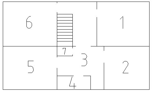 Enkel ritning av en källarplanlösning med rum numrerade från 1 till 7.