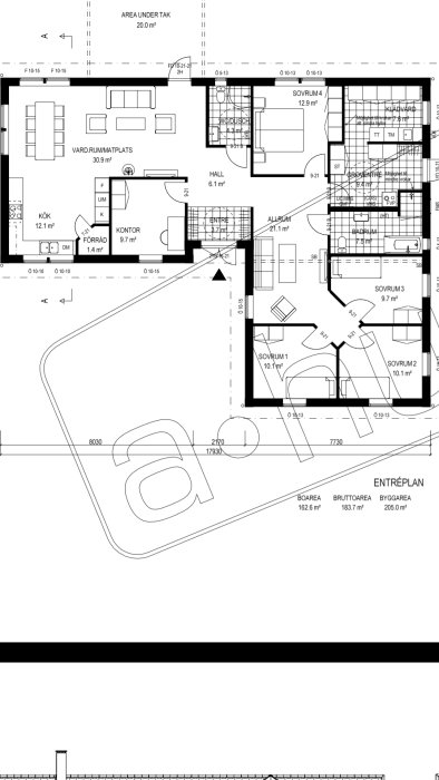 Arkitektonisk ritning av en bostadsplan med markerat kök på 12.1 m² och noterad oro för utrymmet.