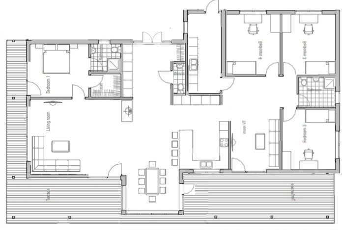 Ritning över en stor villas planlösning som visar flera sovrum och stora sociala ytor, inklusive en "en suite".