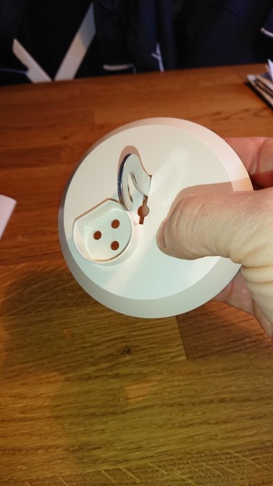 Hand håller ett vitt lamputtag avsett för takinstallation mot träbakgrund.