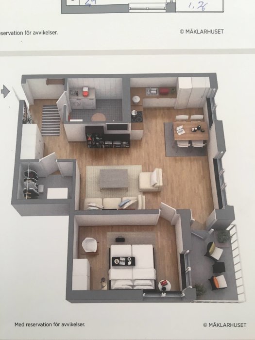 3D-planlösning av en lägenhet som visar kök, vardagsrum och entré, möbler inkluderade.