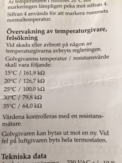 Närbild på en tabell ur manual som visar temperatur och resistansvärden för en golvtermostat, inklusive tekniska data.