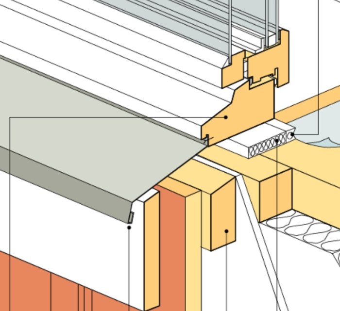 Illustration av ett underfräst fönster med detaljer av smygen och anslutande byggnadselement.