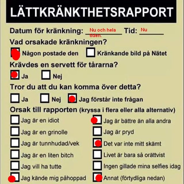 Satirisk "Lättkränkthetsrapport" med ifyllda svarsalternativ på frågor om kränkning och dess orsaker.