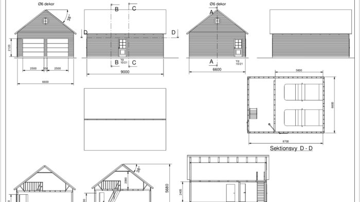 Arkitektoniska ritningar av en villa och ett garage med måttangivelser och olika vyer, inklusive fasader och sektionsvy.