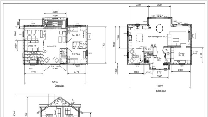 Planritningar för en villa med måttangivelser för rum och inredningsdetaljer, inklusive en fasadskiss.