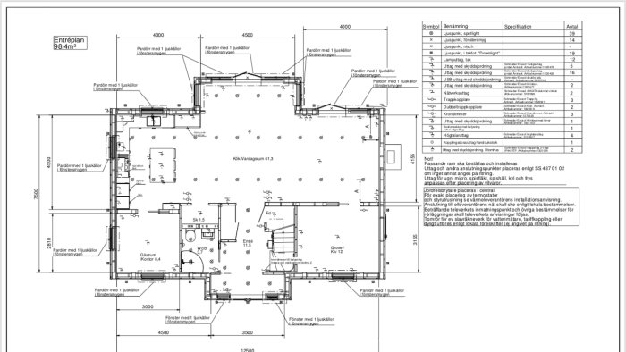 Arkitektritning av en villa på 98,4 kvadratmeters entréplan med detaljerade mått och symbolförklaring.