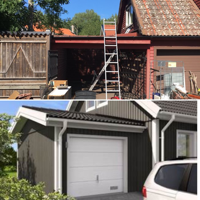 Före och efter bilder på projekt carporttak, övre bilden visar gammalt tak och nedre bilden nytt tak.