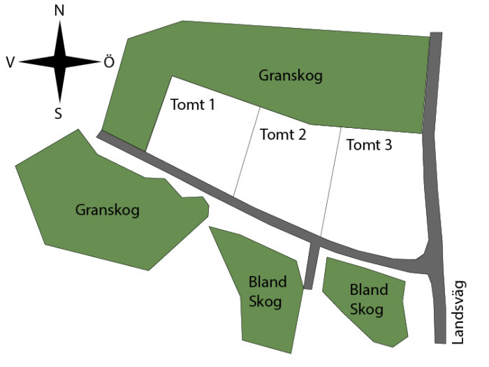 Karta som visar tre olika tomter intill en landsväg med omgivande skog och en kompassros för orientering.