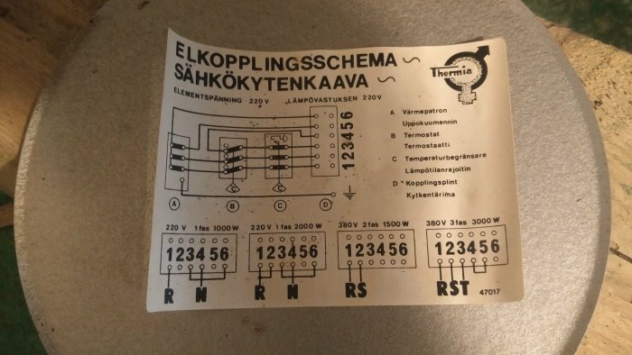 Elkopplingsschema för omkoppling av uppvärmningselement från 380V till 220V, märkt "Thermia".