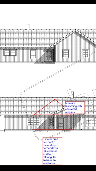 Arkitekturritning av hus med markerad ny uteplats och notering om dess placering och storlek.