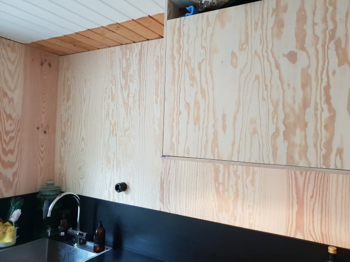 Kökets långa vägg med plywoodpanel och svart bänkskiva med diskho.