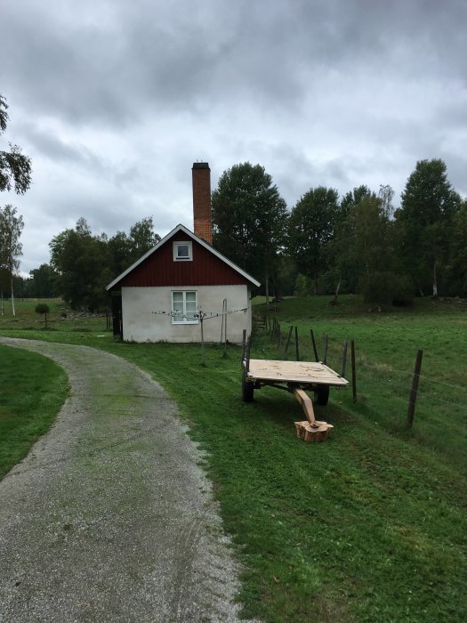 Ett litet rött hus med vita knutar och skorsten omgivet av grönt gräs och träd under en molnig himmel.