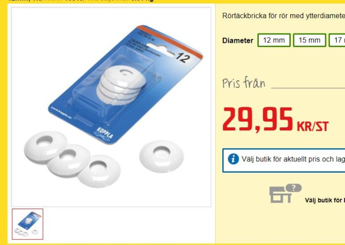 Förpackning med vita rörtäckbrickor och priset 29,95 kr/st på en reklamskylt.