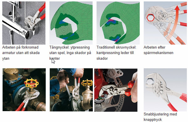 Collage med sex bilder som visar Knipex tångnycklar i användning, fördelar jämfört med traditionella skiftnycklar och justeringsfunktion.