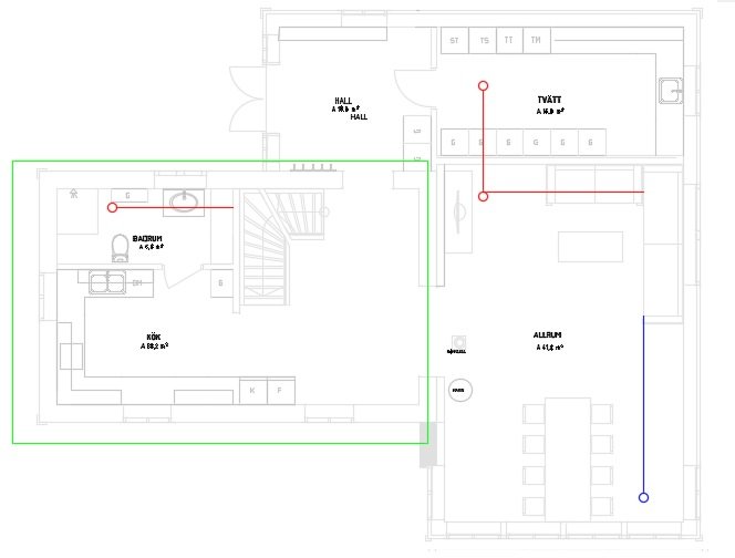 Planritning av en bostad med markerade rum som hall, tvätt, badrum och allrum i låg upplösning från AutoCAD.