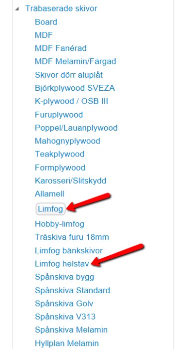 Skärmdump av produktlista med limträskivor markerade, från en byggvaruhemsida.