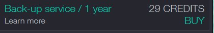 Skärmdump av ett köpalternativ för backup-tjänst med 1 års varaktighet och pris i krediter.