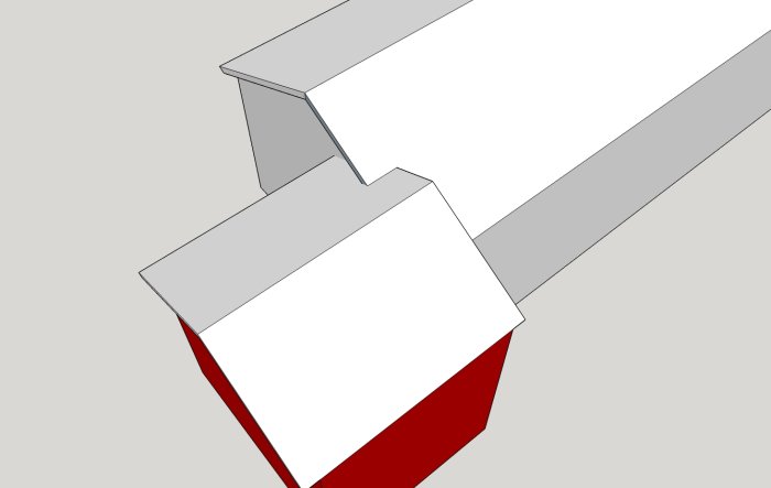 3D-modell som visar korsning mellan taksprång från befintligt hus och en tillbyggnad.